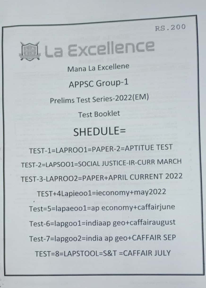 La Excellence APPSC GROUP-1 Prelims Test Series[ENGLISH MEDIUM] 2022 ED Xerox Material