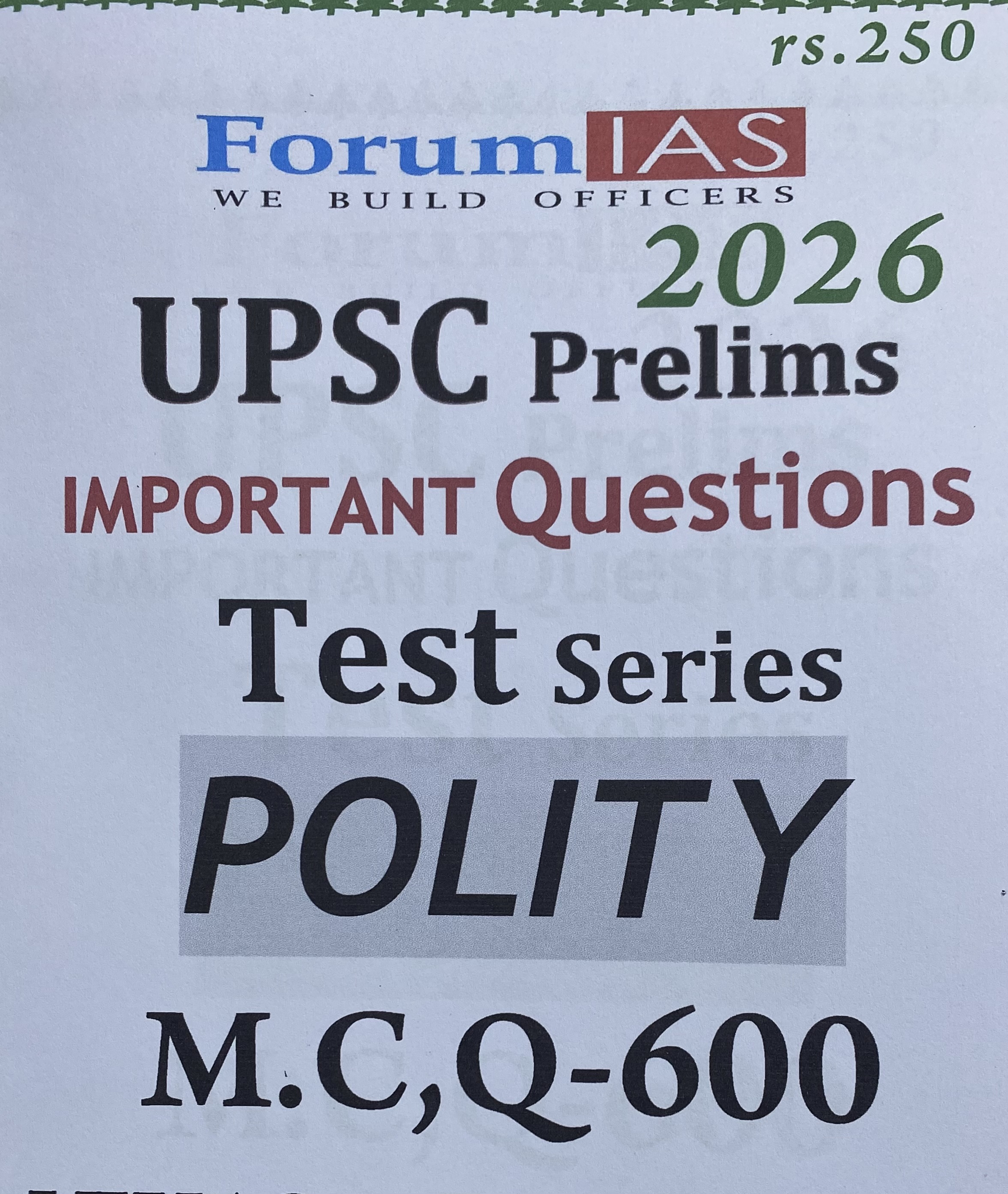Forum IAS UPSC Prelims 2026 Important Questions Polity 600MCQs Xerox Printed Material[English Medium]